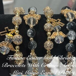 EASTER GOLD CHRISTIAN BEADED BRACELETS ANGELS CROSSES MINI MOUSE CHARMS 4PC SET
